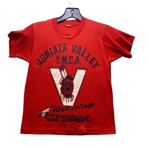 Vintage‎ YMCA Shirt Boys Medium Red Warrior Spell Out Single Stitch Screen Stars